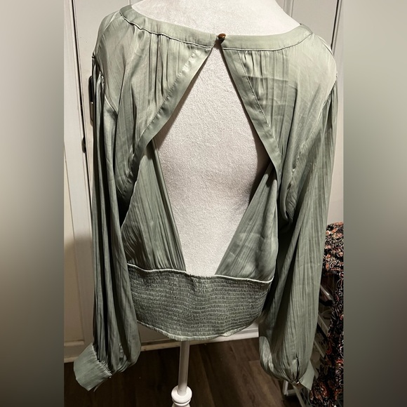 By Anthropologie Sz 2X Mint Green Open Back Blouson Sleeve Blouse Elegant Flowy - Picture 14 of 16